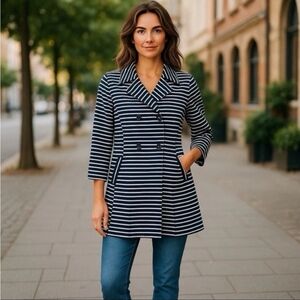 CAbi Maritime striped knit Large Collar Black White Trench Jacket Medium Sailor